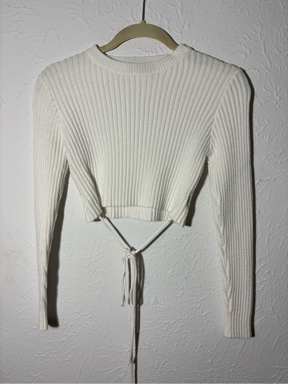 Women's Ribbed Tie-Front Cropped Long Sleeve Sweater- Cream/ Off-White S